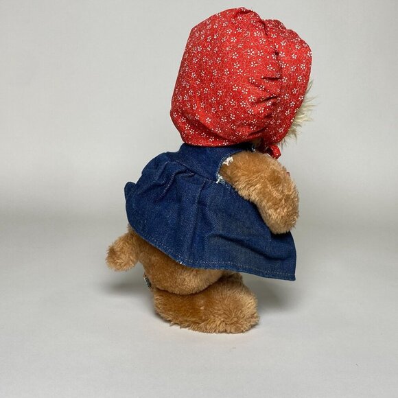 1981 Dakin Plush Puppy Dog Stuffed Animal w Red Bonnet Denim Dress Vintage - Picture 5 of 8